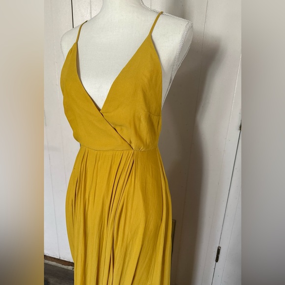 Marigold Mustard Yellow Maxi Long Med Boho Cocktail Dress Slit low Back Plunge - Picture 3 of 9